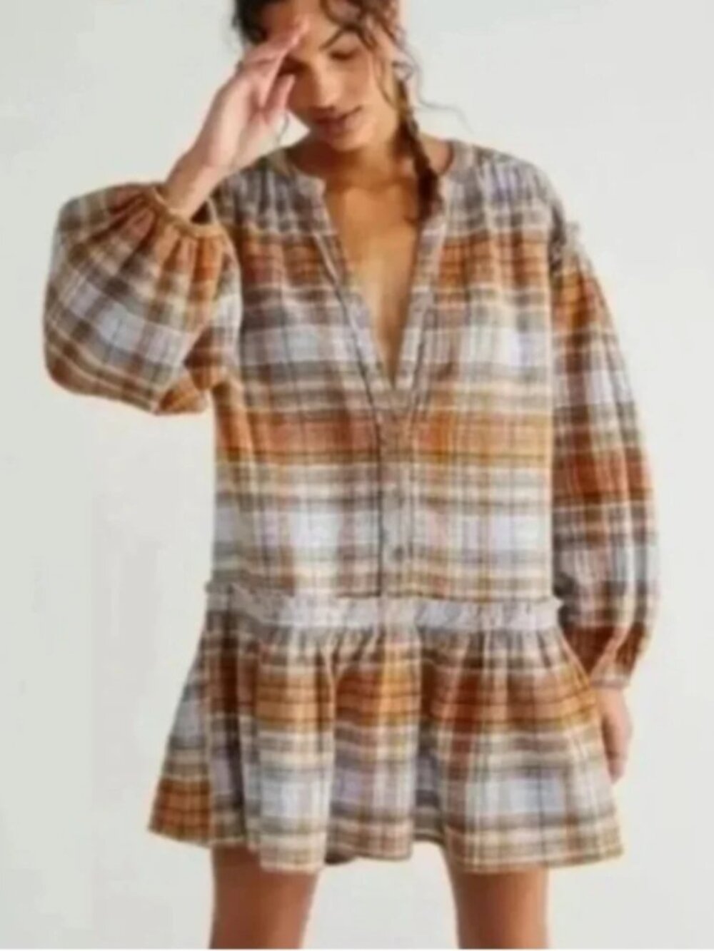 FREE PEOPLE Alexa Plaid Waffle Knit Drop Hem Mini Dress